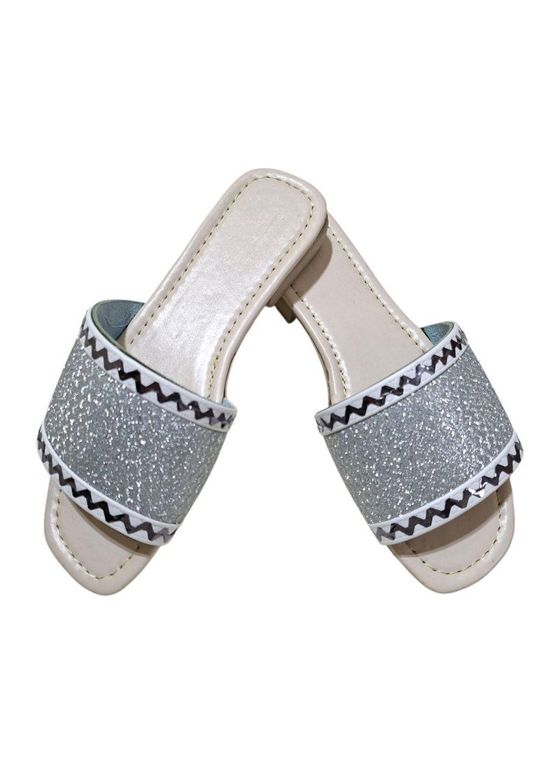 Karisma Flat Squared Toe Slippers With Simple Canvas With Embroidered Upper Strap - Image 1