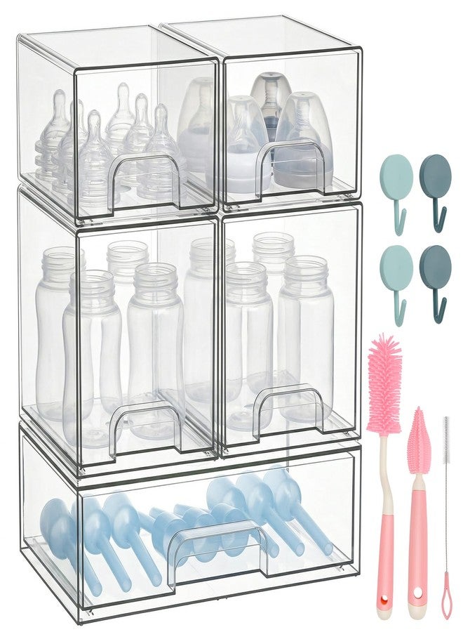 POLRAI 5 Pack Baby Bottles Organizer with Brush and Hooks, Stackable Acrylic Storage Boxes for Baby Bottles, Makeup, Small Items, Clear Storage Containers for Kitchen, Bathroom, Bedroom, Cabinet - Image 1