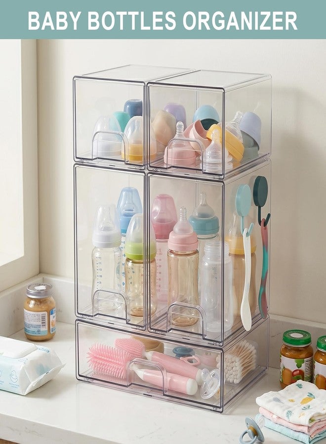 POLRAI 5 Pack Baby Bottles Organizer with Brush and Hooks, Stackable Acrylic Storage Boxes for Baby Bottles, Makeup, Small Items, Clear Storage Containers for Kitchen, Bathroom, Bedroom, Cabinet - Image 2