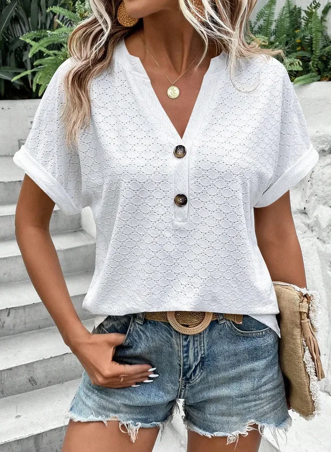 Take Two White Short Sleeve Button Detail Eyelet Top