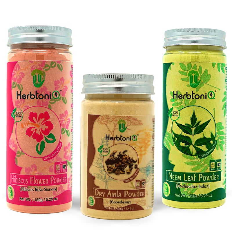 Herbtoniq HerbtoniQ Natural Hibiscus Flower Powder 150g Dry Amla Powder 125g And Neem Leaf Powder 150g For Skin And Hair Care 450g  - Image 1