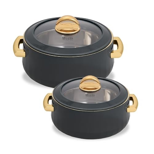 SELVEL Giving Shape to Life! Elegance Glass Lid Casserole | Premium Stainless Steel Insulated Hot Pot | See-Through Lid | Keeps Food Hot & Fresh (1700 ML and 1200 ML Set, Dark Grey) - Image 1