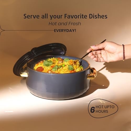 SELVEL Giving Shape to Life! Elegance Glass Lid Casserole | Premium Stainless Steel Insulated Hot Pot | See-Through Lid | Keeps Food Hot & Fresh (1700 ML and 1200 ML Set, Dark Grey) - Image 2