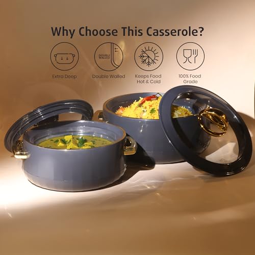 SELVEL Giving Shape to Life! Elegance Glass Lid Casserole | Premium Stainless Steel Insulated Hot Pot | See-Through Lid | Keeps Food Hot & Fresh (1700 ML and 1200 ML Set, Dark Grey) - Image 4