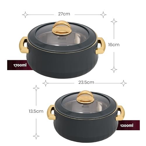 SELVEL Giving Shape to Life! Elegance Glass Lid Casserole | Premium Stainless Steel Insulated Hot Pot | See-Through Lid | Keeps Food Hot & Fresh (1700 ML and 1200 ML Set, Dark Grey) - Image 5