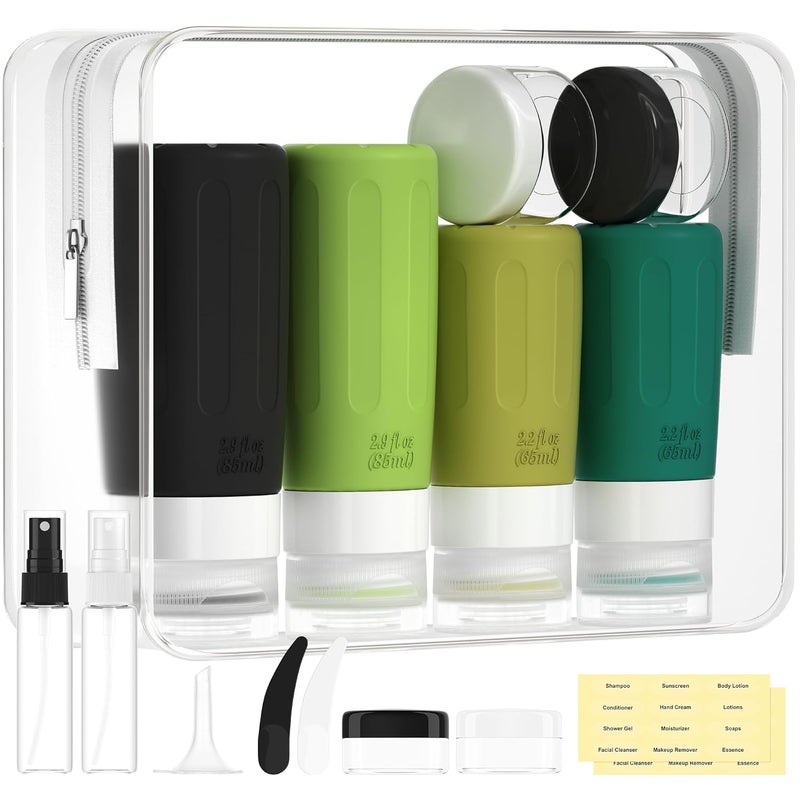 Morfone 16 Pack Silicone Travel Bottles Set for Toiletries TSA Approved Travel Containers Leakproof Squeezable Refillable Travel Accessories 2oz 3oz for Shampoo Conditioner Lotion Liquids(Green) - Image 1