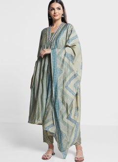 indya Printed Tiered Kurti With Dupatta & Pants Set  - Image 1