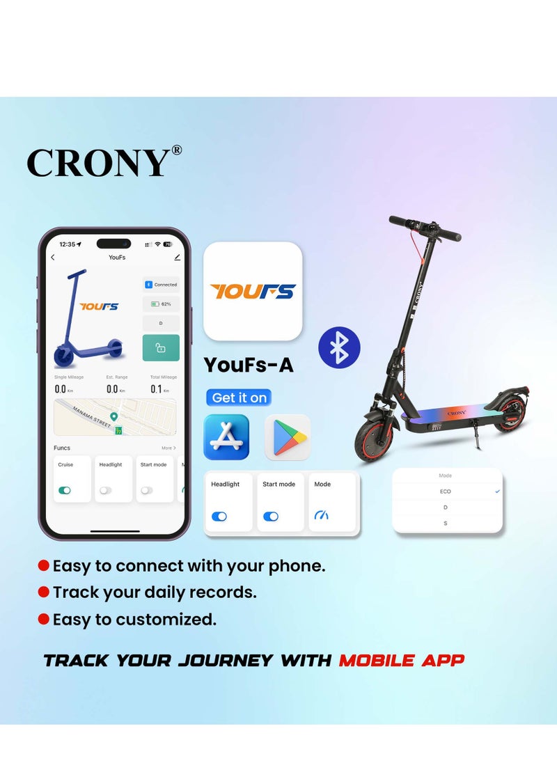 Crony M365 E-Scooter 250W Motor, 25-45KM/H Speed, 10-25KM Range, Front Suspension, 8"Durable Honeycomb Tires,Smart App Control,Aluminum Alloy Frame, 100KG Max Load, 36V/7.8AH Battery,Easy Folding, LED Light Base, Commuter Electric Scooter for Adults & Kids, Portable, Lightweight Design, Bluetooth Connectivity, Ideal for Daily Commute & Leisure Rides, 3-5 Hours Charging Time, Normal/Disc Brakes, IPX4 Waterproof, 7 Colors LED Deck Lights，Black  - Image 2