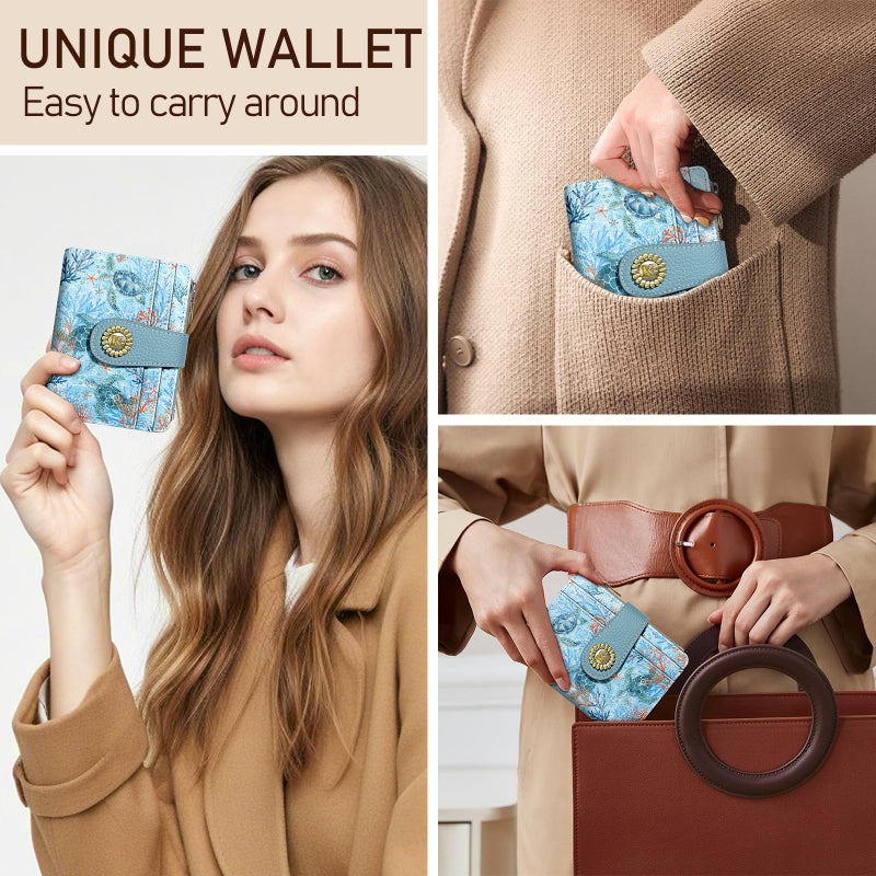 Kelvoris Sea Turtle Small Rfid Women Wallet Bifold Zipper Coin Pocket PU Leather Compact Cash Credit Card Holder Travel Wallet for Female Ladies Teen Girls 1 ID Window 10 Card Slots - Image 2