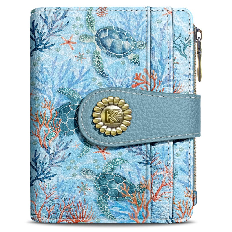 Kelvoris Sea Turtle Small Rfid Women Wallet Bifold Zipper Coin Pocket PU Leather Compact Cash Credit Card Holder Travel Wallet for Female Ladies Teen Girls 1 ID Window 10 Card Slots - Image 1
