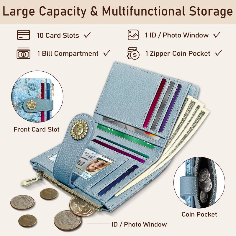 Kelvoris Sea Turtle Small Rfid Women Wallet Bifold Zipper Coin Pocket PU Leather Compact Cash Credit Card Holder Travel Wallet for Female Ladies Teen Girls 1 ID Window 10 Card Slots - Image 4
