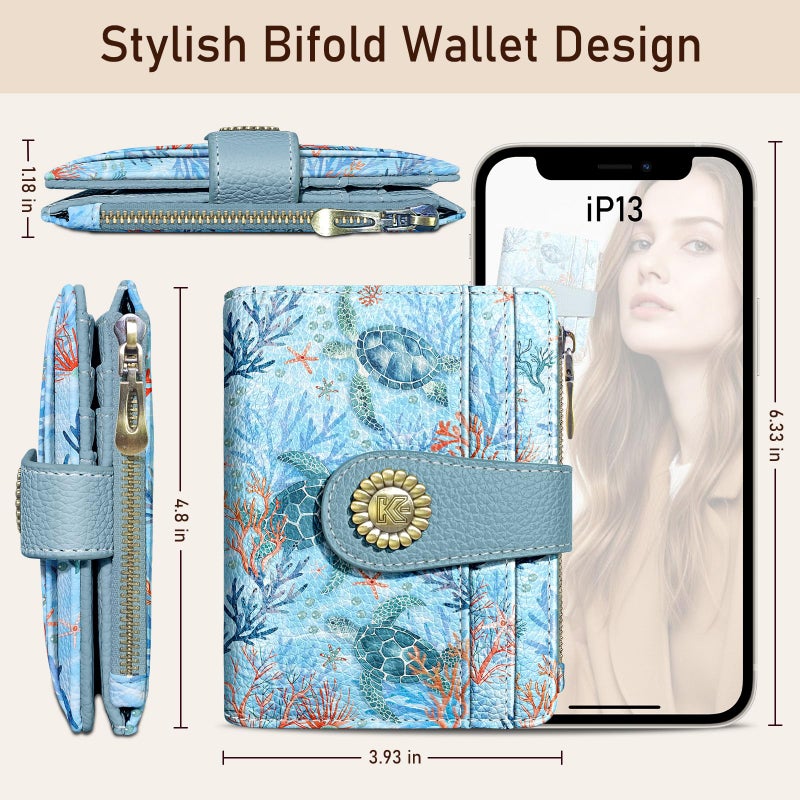 Kelvoris Sea Turtle Small Rfid Women Wallet Bifold Zipper Coin Pocket PU Leather Compact Cash Credit Card Holder Travel Wallet for Female Ladies Teen Girls 1 ID Window 10 Card Slots - Image 5