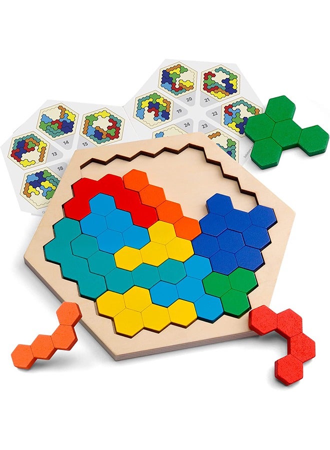 Wooden Hexagon Puzzle for Kid Adults - Shape Pattern Block Tangram Brain Teaser Toy Geometry Logic IQ Game STEM Montessori Educational Gift for All Ages Challenge - Image 1