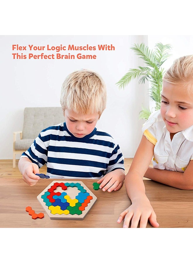 Wooden Hexagon Puzzle for Kid Adults - Shape Pattern Block Tangram Brain Teaser Toy Geometry Logic IQ Game STEM Montessori Educational Gift for All Ages Challenge - Image 3