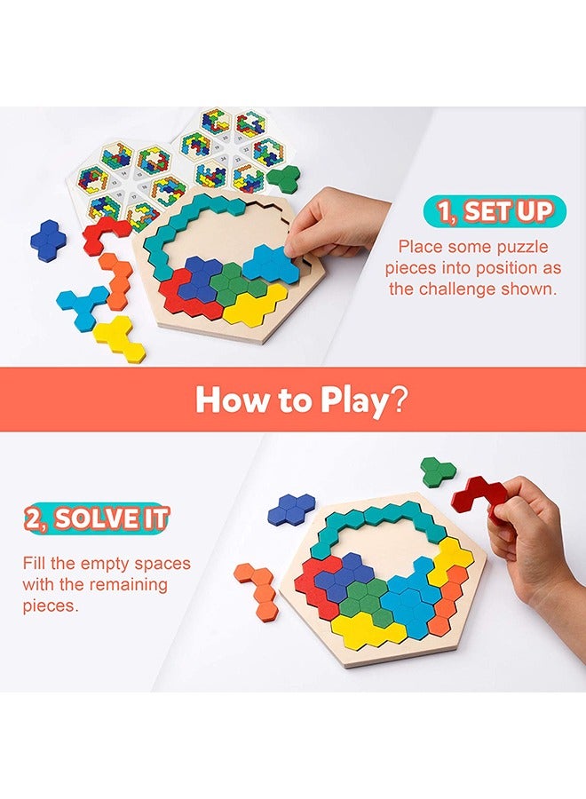 Wooden Hexagon Puzzle for Kid Adults - Shape Pattern Block Tangram Brain Teaser Toy Geometry Logic IQ Game STEM Montessori Educational Gift for All Ages Challenge - Image 4