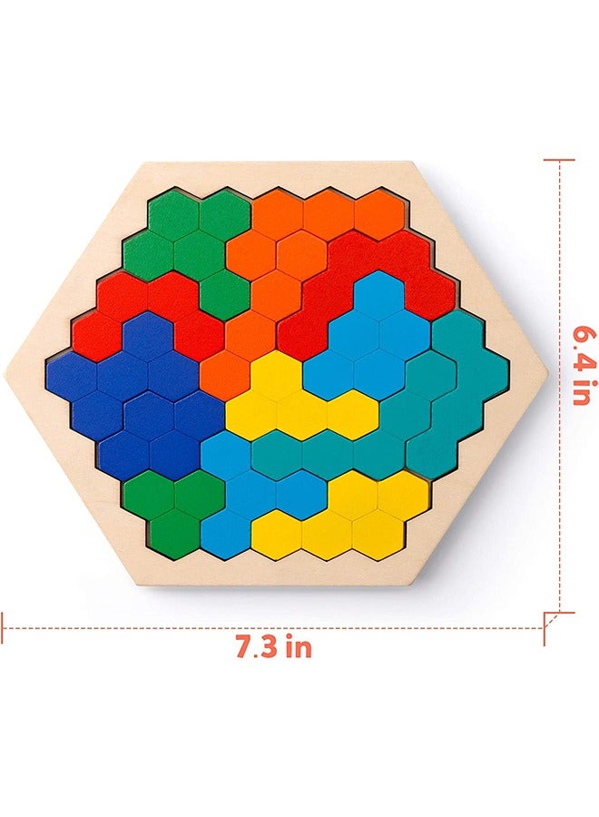 Wooden Hexagon Puzzle for Kid Adults - Shape Pattern Block Tangram Brain Teaser Toy Geometry Logic IQ Game STEM Montessori Educational Gift for All Ages Challenge - Image 2