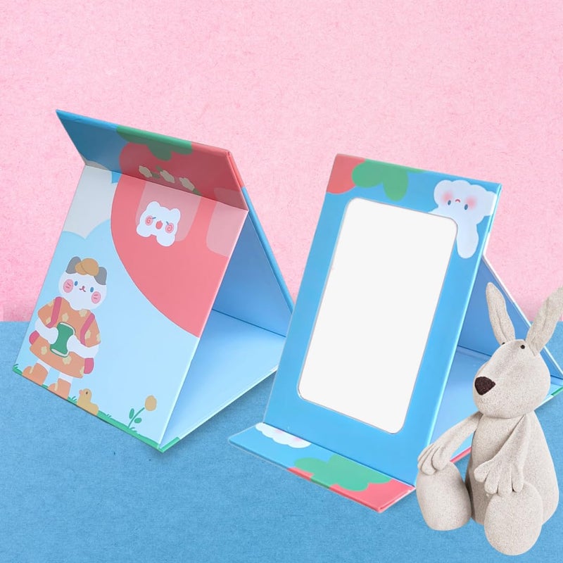 UniKart UniKart Portable Folding Makeup Mirror Framed Cartoon Print Vanity Mirror with Stand for Kids Women Desk Table Camping Travel Personal Sky BluePack of 2 Rectangular Tabletop Mount  - Image 2