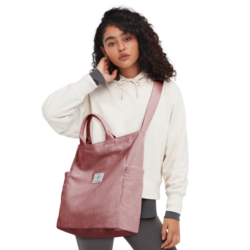 KALIDI Corduroy Tote Bag, Large Messenger Bag Shoulder Hobo Anti Splash Crossbody Zipper Bag Casual Work Shopping Women (Pink) - Image 2
