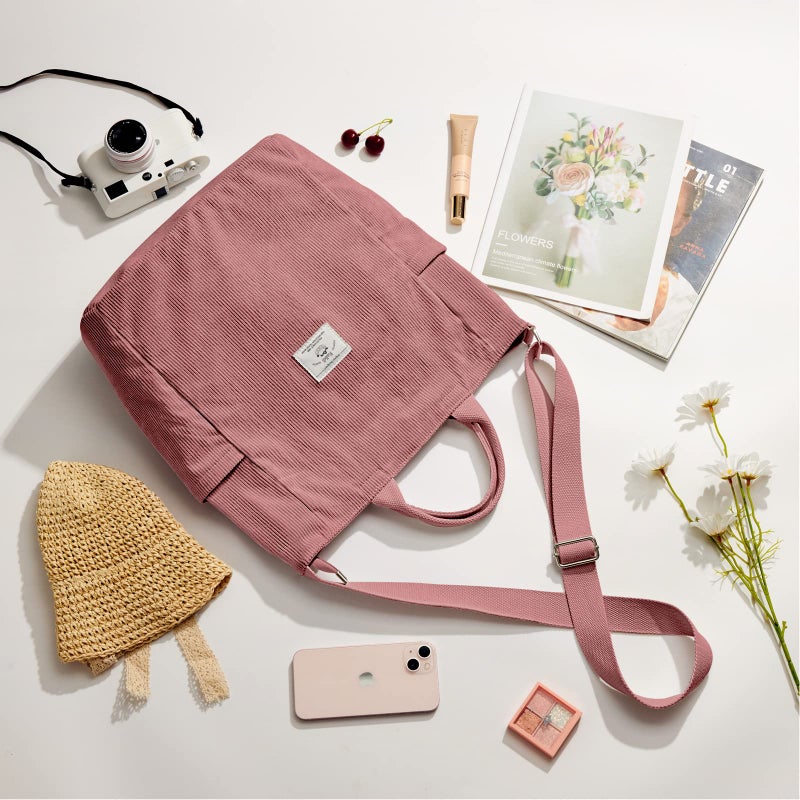 KALIDI Corduroy Tote Bag, Large Messenger Bag Shoulder Hobo Anti Splash Crossbody Zipper Bag Casual Work Shopping Women (Pink) - Image 3