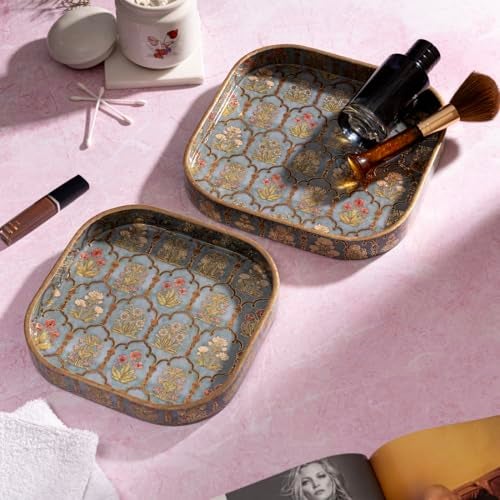 DULI Set of 2 MDF Wooden Trays with Enamel Coated Digital Print | Multipurpose Decorative Trays | 9x9 & 8x8 inch | Wipe & Use | Water-Resistant | Made in India (SmallSetof2CurvedSq-FloralJharoka) - Image 5