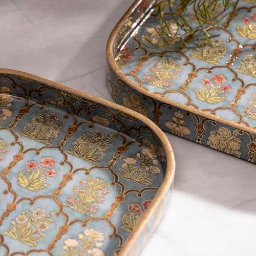DULI Set of 2 MDF Wooden Trays with Enamel Coated Digital Print | Multipurpose Decorative Trays | 9x9 & 8x8 inch | Wipe & Use | Water-Resistant | Made in India (SmallSetof2CurvedSq-FloralJharoka) - Image 2