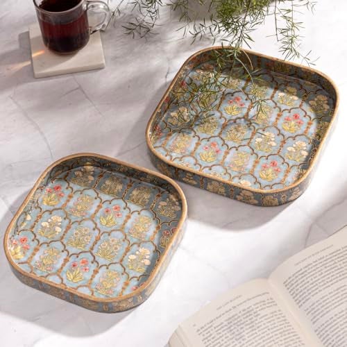 DULI Set of 2 MDF Wooden Trays with Enamel Coated Digital Print | Multipurpose Decorative Trays | 9x9 & 8x8 inch | Wipe & Use | Water-Resistant | Made in India (SmallSetof2CurvedSq-FloralJharoka) - Image 1