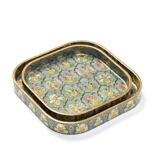 DULI Set of 2 MDF Wooden Trays with Enamel Coated Digital Print | Multipurpose Decorative Trays | 9x9 & 8x8 inch | Wipe & Use | Water-Resistant | Made in India (SmallSetof2CurvedSq-FloralJharoka) - Image 3