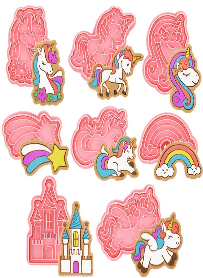 Suclain 8 Pcs Unicorn Cookie Cutters with Plunger Stamps Set Rainbow Cookie Cutters Unicorn Cracker Mold Pink Cookie Stamped Embossed Kitchen Bakeware Tool for Biscuit Fondant Party Supply - Image 1