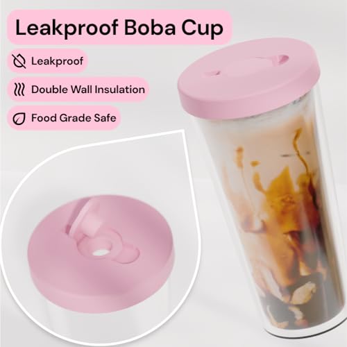 Dodoko Reusable Boba Cup and Straw Boba Tea Cup Bubble Tea Cup Reusable Iced Coffee Cup Cold Coffee Cup Smoothie Cup with Lid and Straw Smoothie Cup to go Smoothie Tumbler 17 oz - Bubble Pink - Image 2