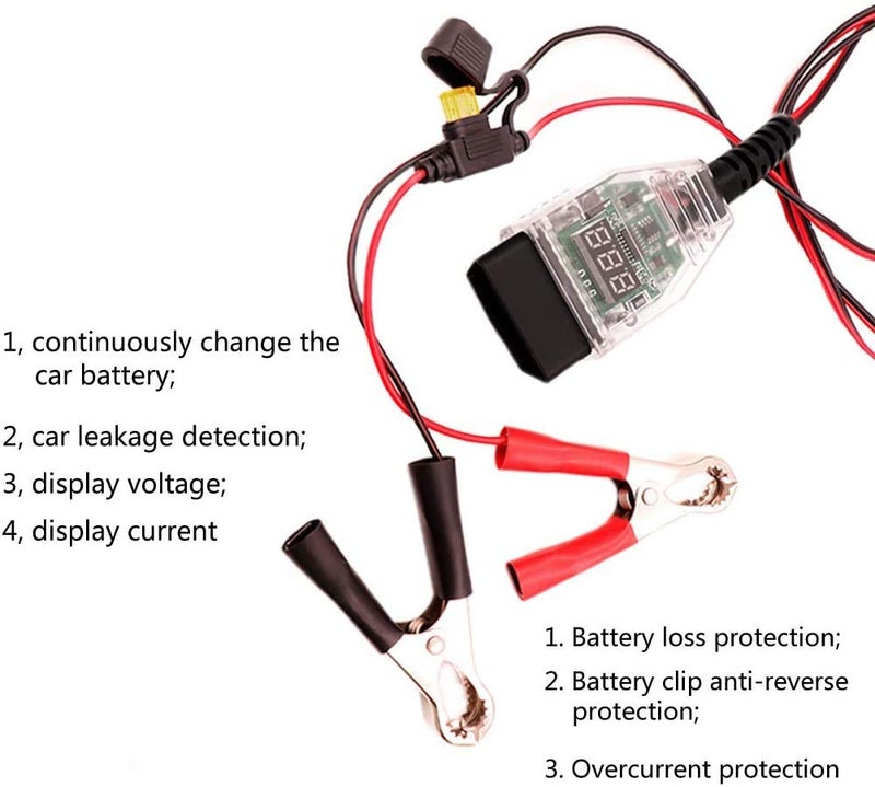 OLLGEN 1.5M 5ft OBD2 Automotive Battery Replacement Tool,OBD to 12V Auto Car Computer Power Off Memory Saver Cable,Digital Display OBD II Battery Leakage Detective Kit wth 5A Fuse - Image 4