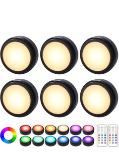 TRASSLE Puck Lights, 6 Pack 13 Colors Changeable LED Puck lightings Battery Powered Dimmable Under Cabinet Lights, Battery Powered Under Counter Lights with 2 Wireless Remote Controls  - Image 1