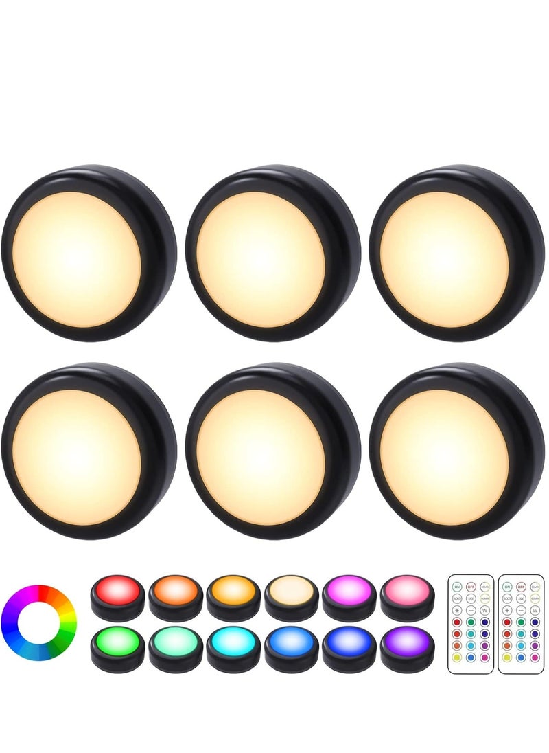TRASSLE - Puck Lights, 6 Pack 13 Colors Changeable LED Puck lightings Battery Powered Dimmable Under Cabinet Lights, Battery Powered Under Counter Lights with 2 Wireless Remote Controls - Image 1