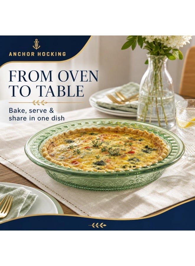 Anchor Hocking Laurel Embossed 9.25-Inch Glass Pie Dish, Round Baking Plate for Pies, Tarts, Quiche and Desserts, Oven, Microwave, Freezer and Dishwasher Safe, Fern Green - Image 2