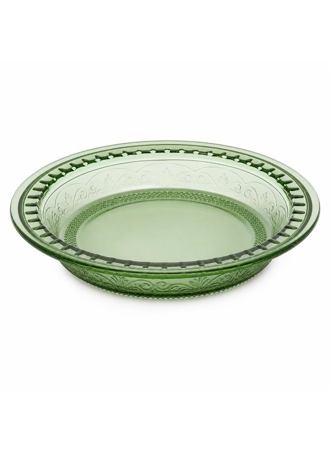 Anchor Hocking Laurel Embossed 9.25-Inch Glass Pie Dish, Round Baking Plate for Pies, Tarts, Quiche and Desserts, Oven, Microwave, Freezer and Dishwasher Safe, Fern Green - Image 1