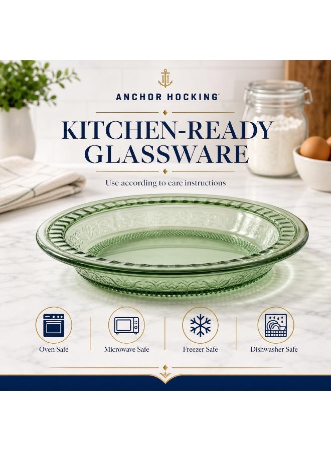 Anchor Hocking Laurel Embossed 9.25-Inch Glass Pie Dish, Round Baking Plate for Pies, Tarts, Quiche and Desserts, Oven, Microwave, Freezer and Dishwasher Safe, Fern Green - Image 3