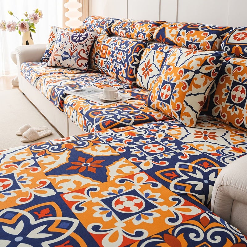 1pc Bohemian Style Stretch Sofa Slipcover 3 Seater All Season Sofa Cover for Living Room Office Home Decor - Image 1