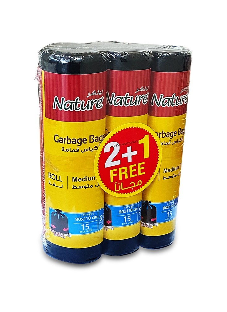 NATURE Garbage Bags Roll 55Gallon 80x110cm 15Pcs Black Pack of 2+1 Free  - Image 2