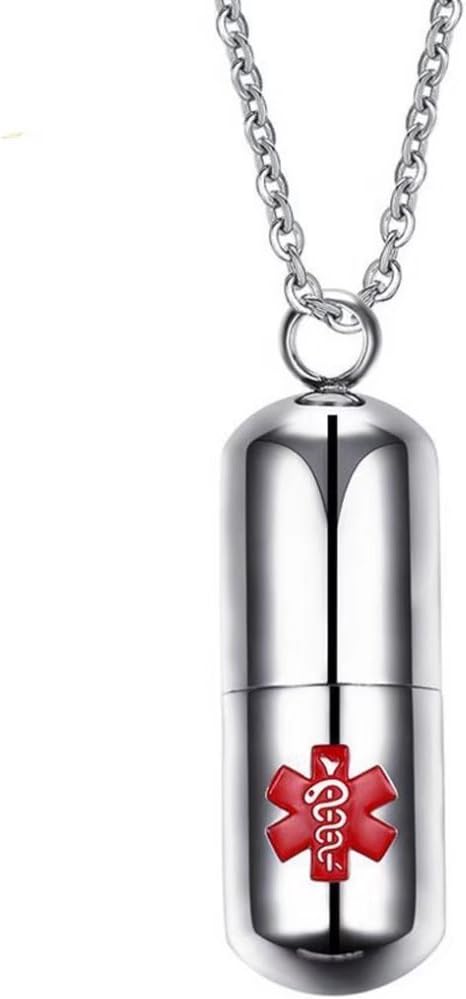 DIB DIB Stainless Steel Medical Alert ID Pill Bottle Container Pendant Necklace for Men Women, Free Chain 20" 
