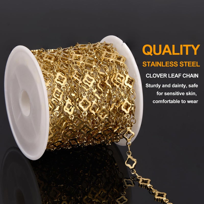 KYUNHOO 4 Meters Hollow Four Leaf Clover Jewelry Chain Roll Gold Plated Stainless Steel Chains for Jewelry Making with Lobster Clasps and Jump Rings - Image 3