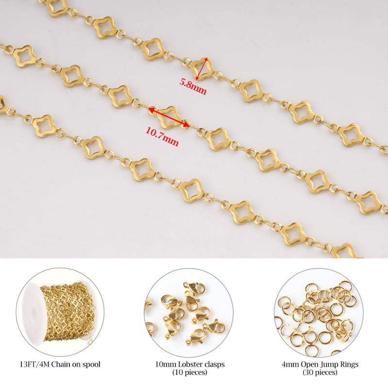 KYUNHOO 4 Meters Hollow Four Leaf Clover Jewelry Chain Roll Gold Plated Stainless Steel Chains for Jewelry Making with Lobster Clasps and Jump Rings - Image 2
