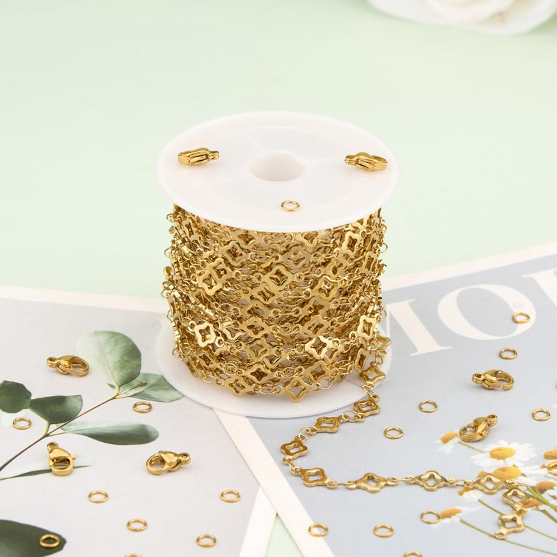 KYUNHOO 4 Meters Hollow Four Leaf Clover Jewelry Chain Roll Gold Plated Stainless Steel Chains for Jewelry Making with Lobster Clasps and Jump Rings - Image 5