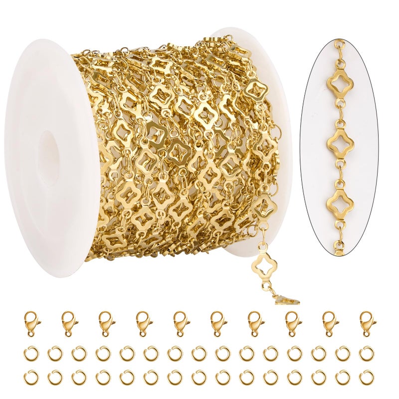 KYUNHOO 4 Meters Hollow Four Leaf Clover Jewelry Chain Roll Gold Plated Stainless Steel Chains for Jewelry Making with Lobster Clasps and Jump Rings - Image 1