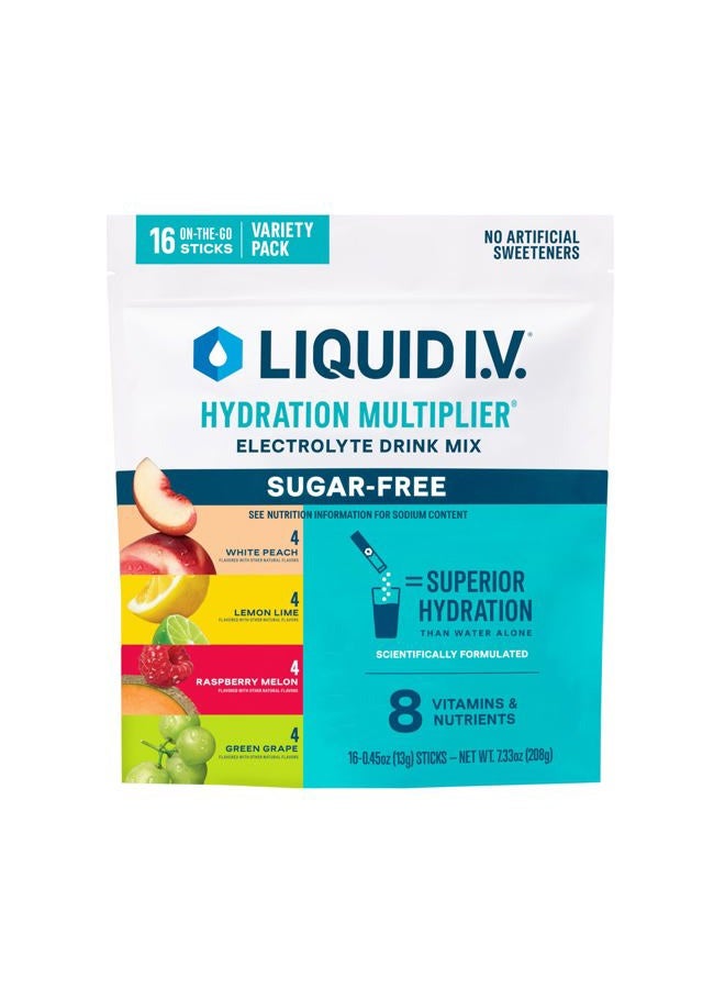 Liquid I.V. ® مضاعف الترطيب خالي من السكر - توت العليق والبطيخ، الليمون والليمون، الخوخ الأبيض، العنب الأخضر | مسحوق مشروب الإلكتروليت | عبوة واحدة (16 حصة) - Image 1