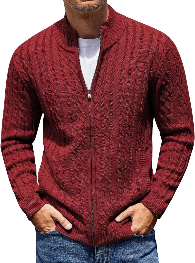 COOFANDY Men's Full Zip Cardigan Sweater - Slim Fit Cable Knitted Zip Up Sweater with Pockets, Wine Red, XL - Image 1