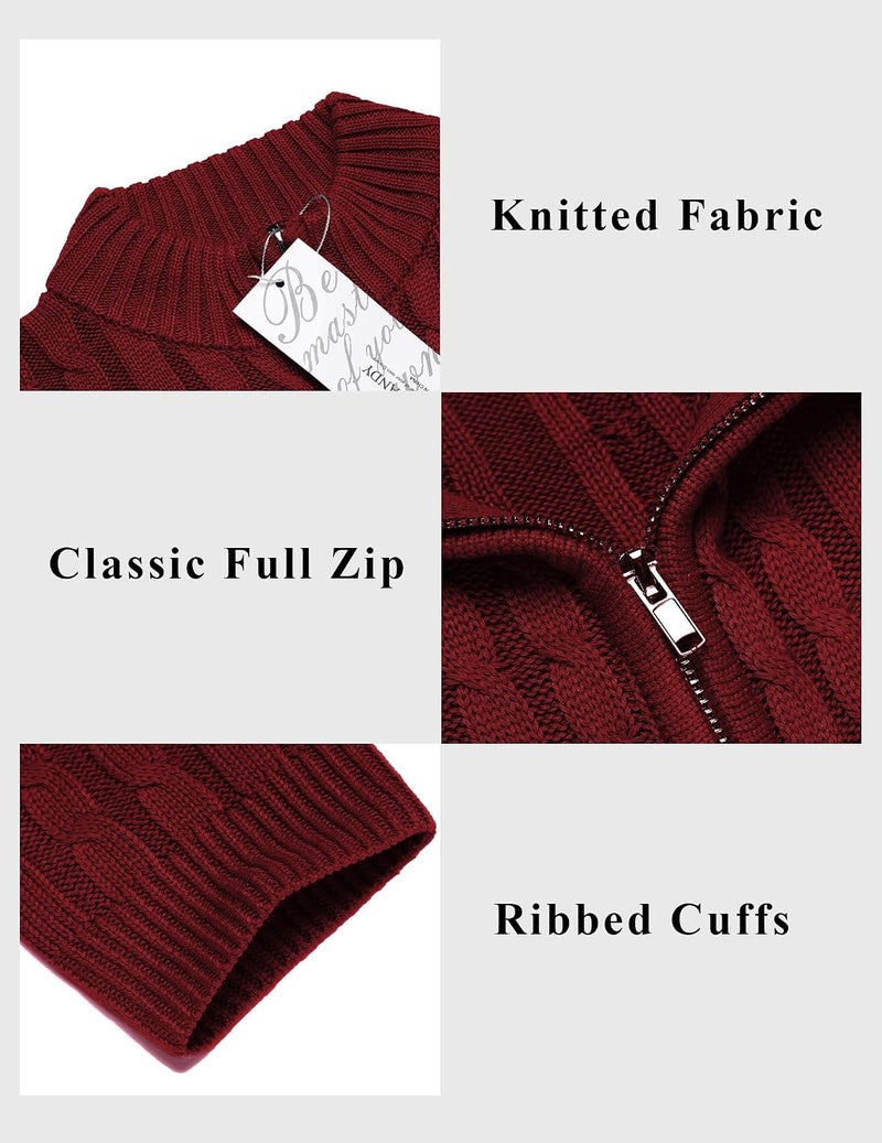 COOFANDY Men's Full Zip Cardigan Sweater - Slim Fit Cable Knitted Zip Up Sweater with Pockets, Wine Red, XL - Image 5