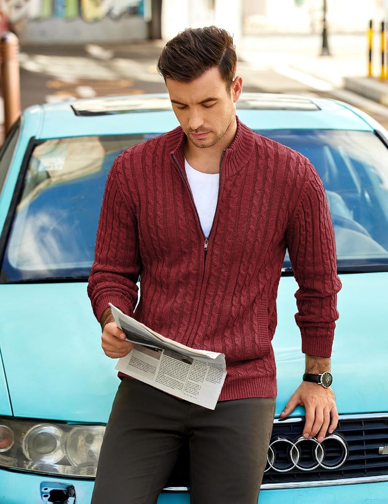 COOFANDY Men's Full Zip Cardigan Sweater - Slim Fit Cable Knitted Zip Up Sweater with Pockets, Wine Red, XL - Image 3