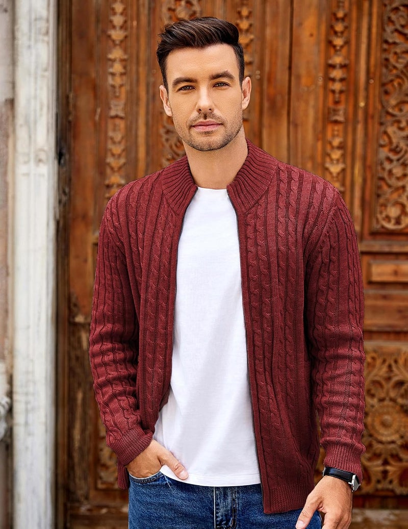 COOFANDY Men's Full Zip Cardigan Sweater - Slim Fit Cable Knitted Zip Up Sweater with Pockets, Wine Red, XL - Image 4