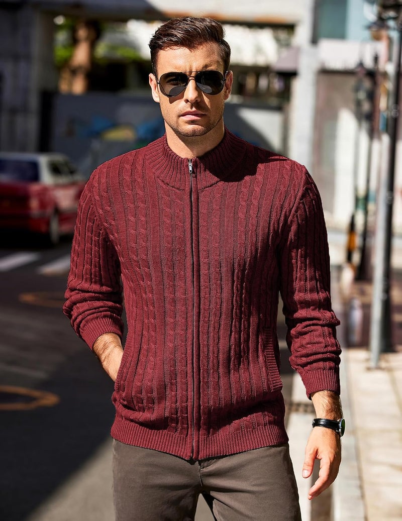 COOFANDY Men's Full Zip Cardigan Sweater - Slim Fit Cable Knitted Zip Up Sweater with Pockets, Wine Red, XL - Image 2