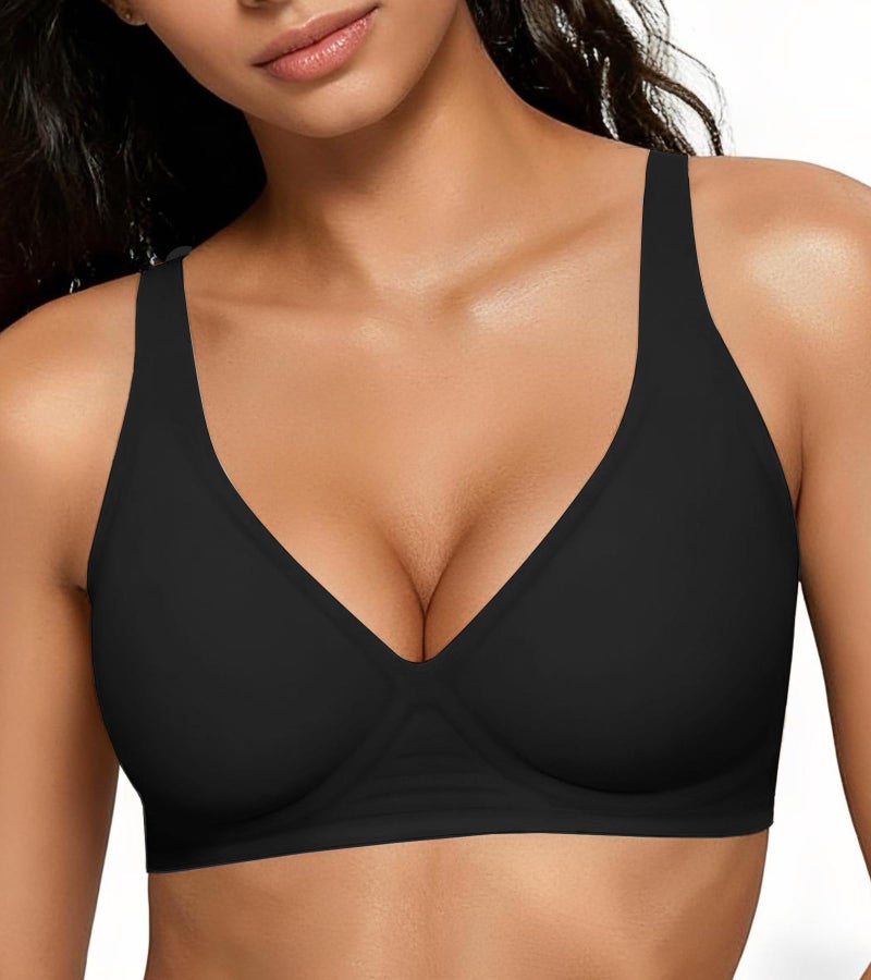 Dopheuor 2026 Women Jelly Seamless Wireless Push Up Bras Deep V No Underwire Supportive Everyday Bra Full Coverage Plunge Bralettes Dark Black - Image 1