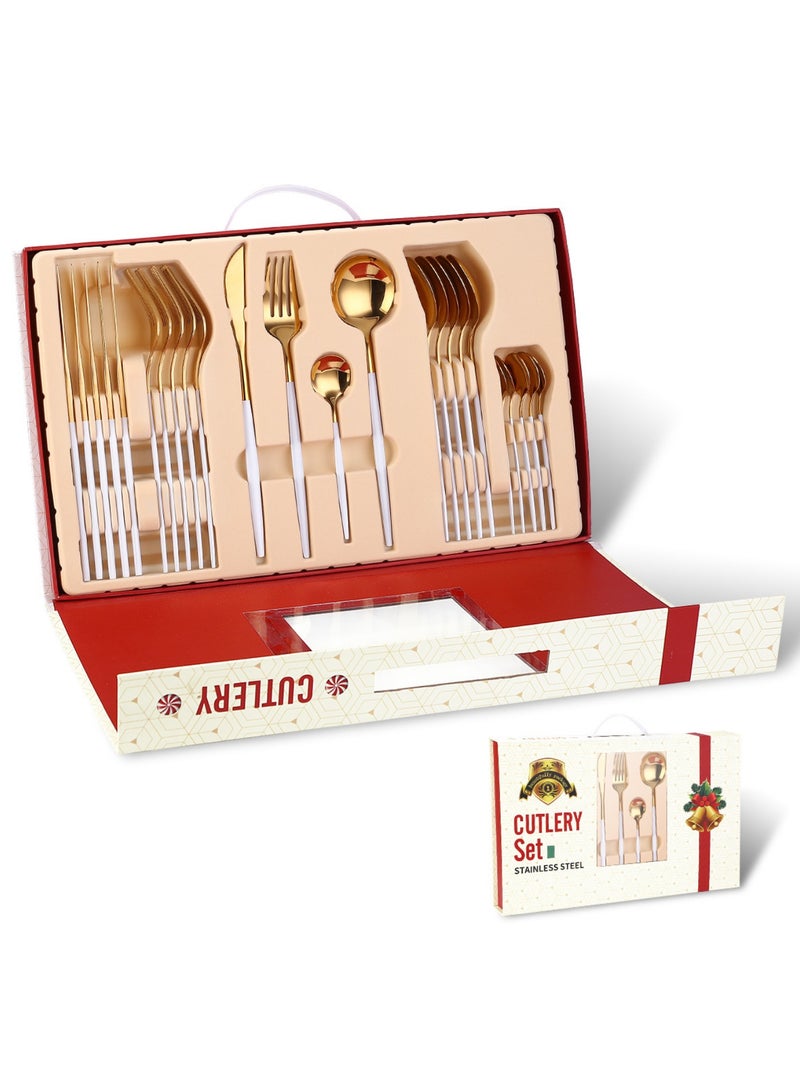 Premium White 24-Piece Stainless Steel Cutlery Set with 6 X Main Knives/Main Forks/Soup Spoons/Dessert Spoons  - Image 1